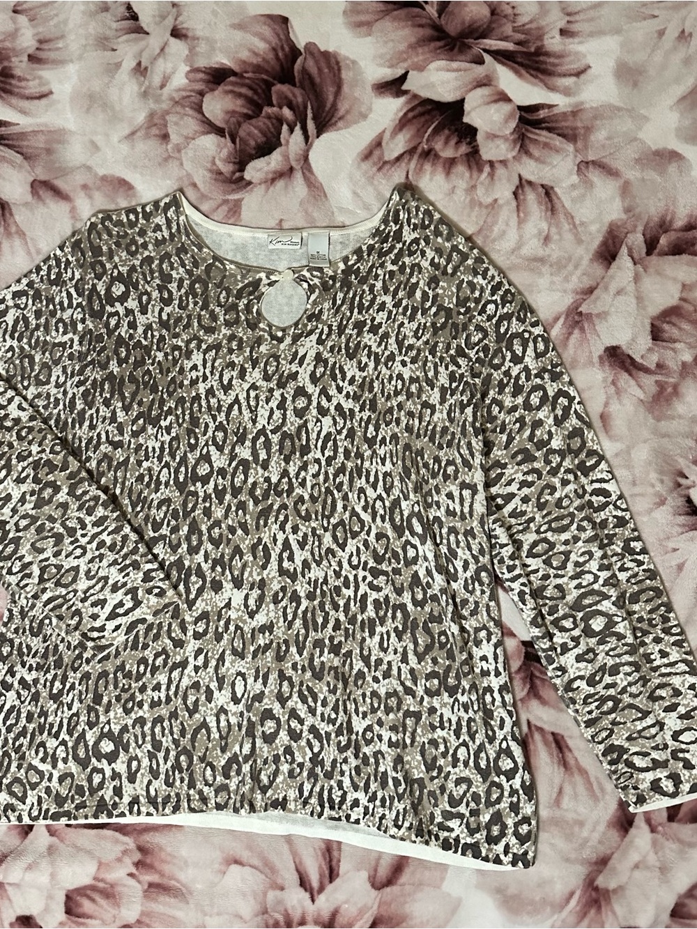 Kim Rogers Taupe and White Leopard Print Crewneck Top